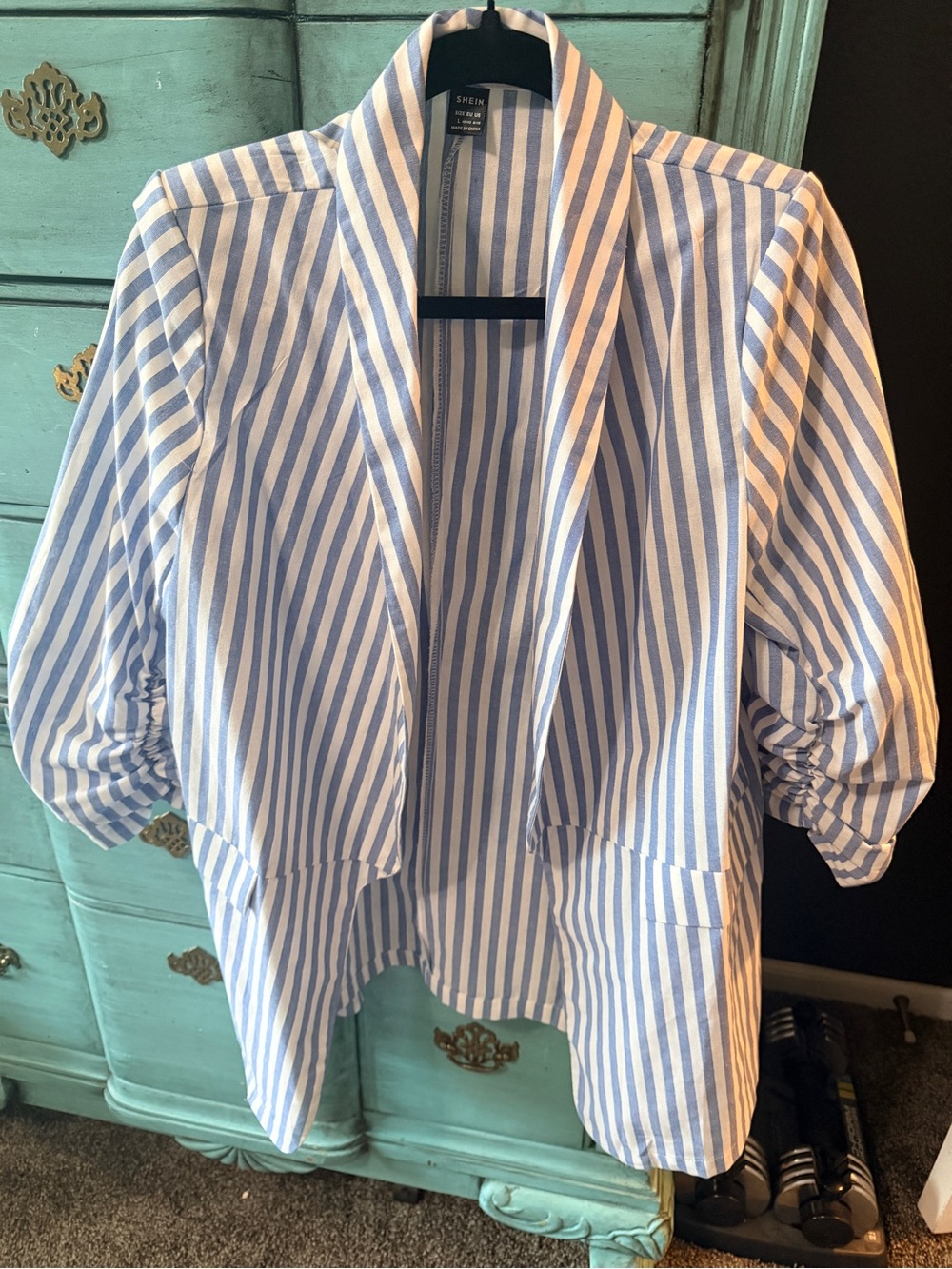 SHEIN Blue and White Vertical Stripe Open-Front Casual Blazer